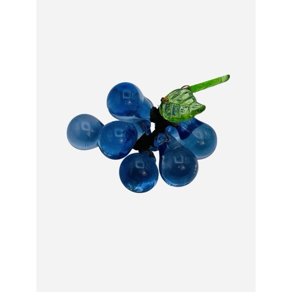Vintage Hand Blown Art Glass Cobalt Blue 7 Grapes Cluster 2 Glass Leaves - Picture 1 of 7